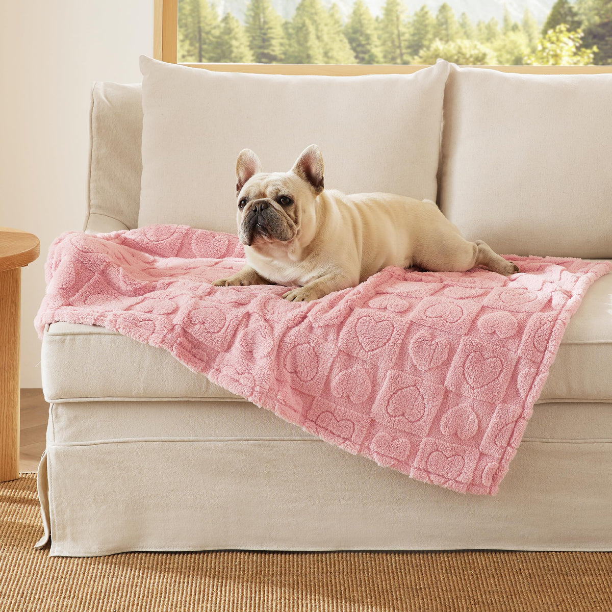 Bedsure pink dog blanket 30x40 folded, compact storage and travel-ready.