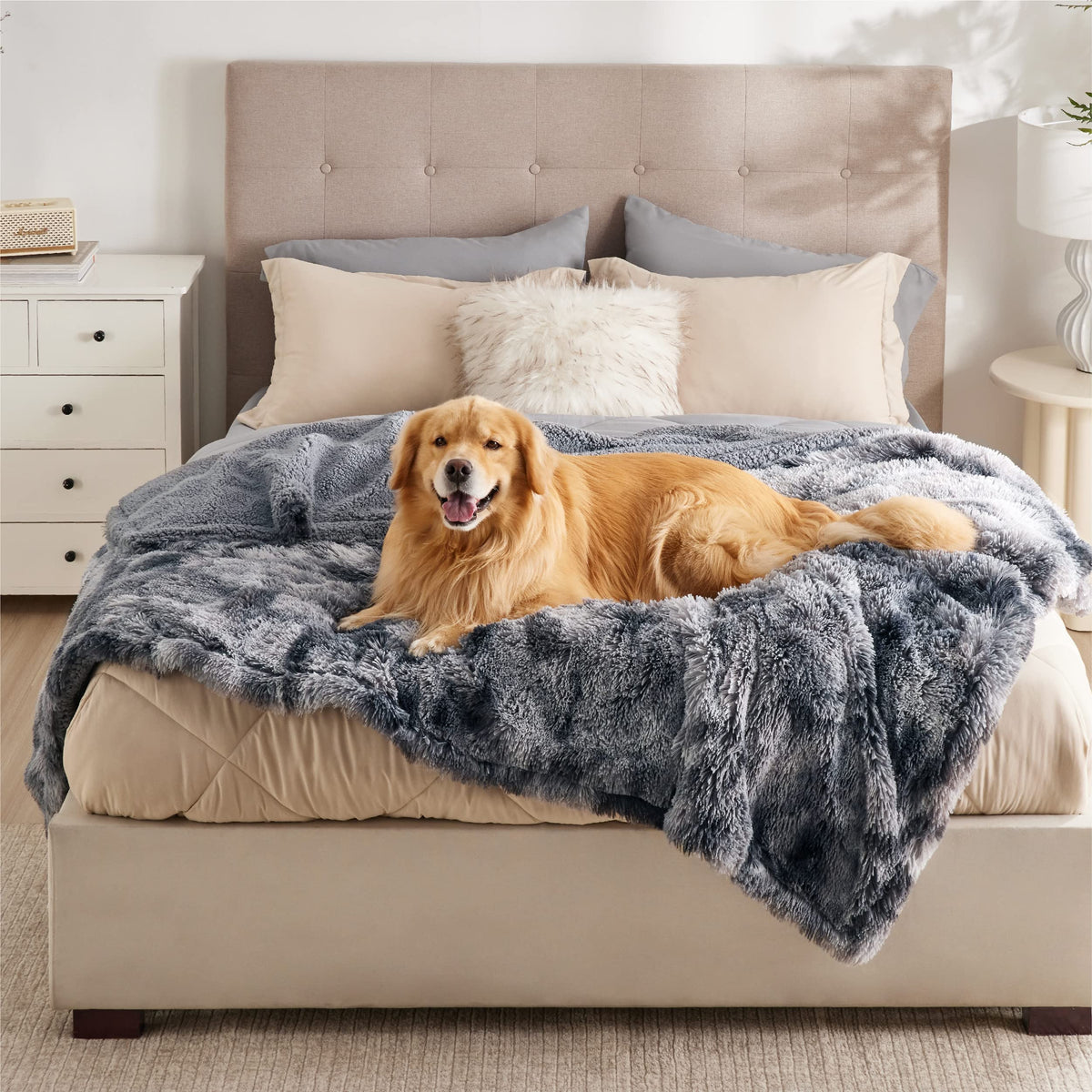 Bedsure waterproof-faux-fur blanket protects furniture from spills.