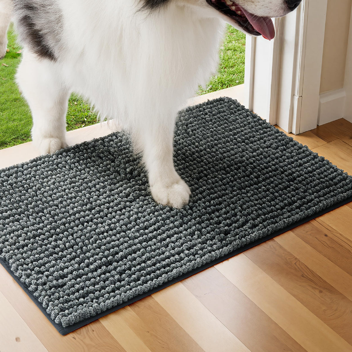 Bedsure dog door mat captures muddy paws to keep floors clean at entryways.