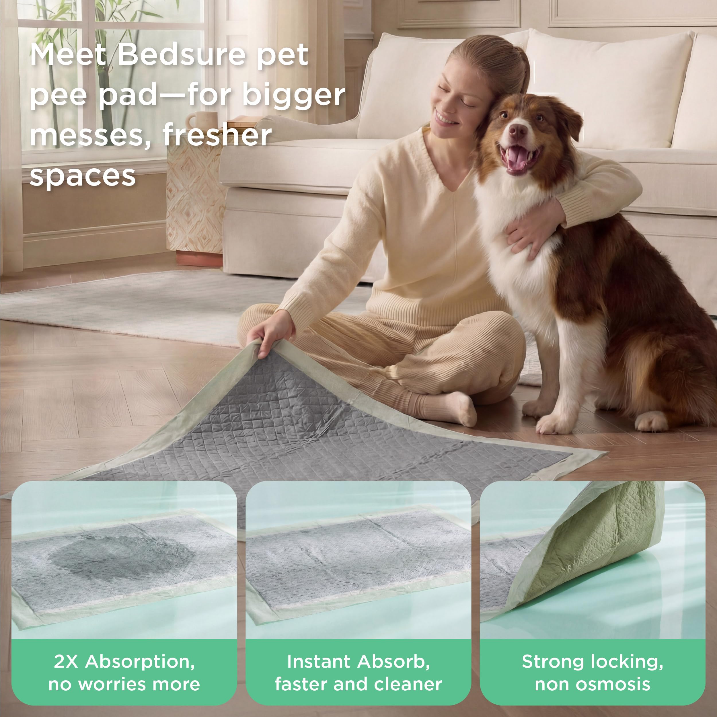 Bedsure 28x34 pee pad provides leak-proof protection for rooms and crates
