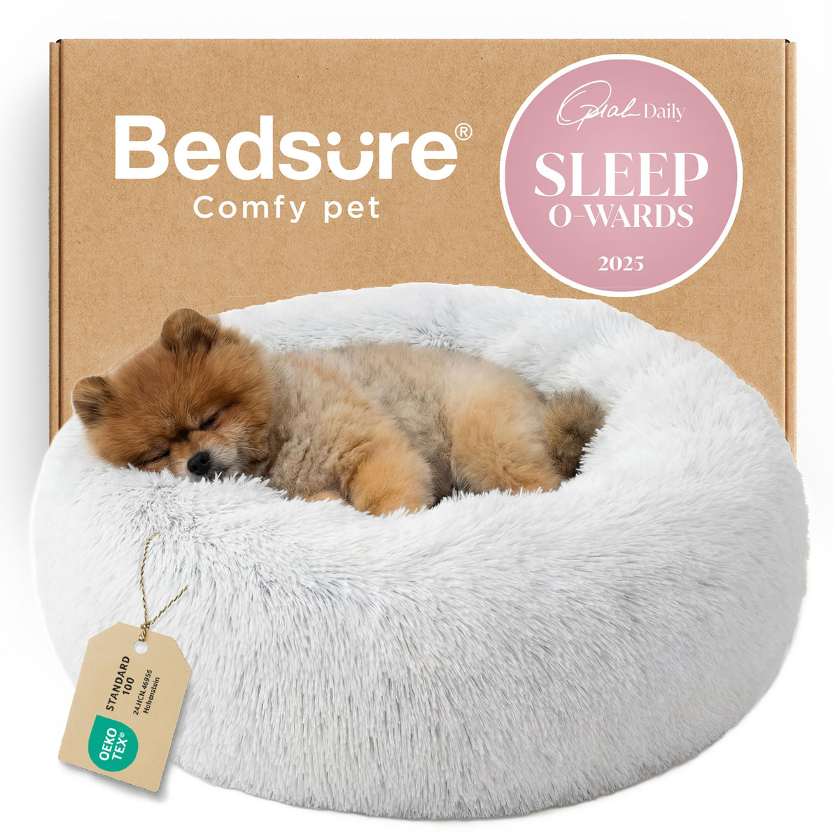 Bedsure donut bed close-up showing plush faux fur for calming comfort.
