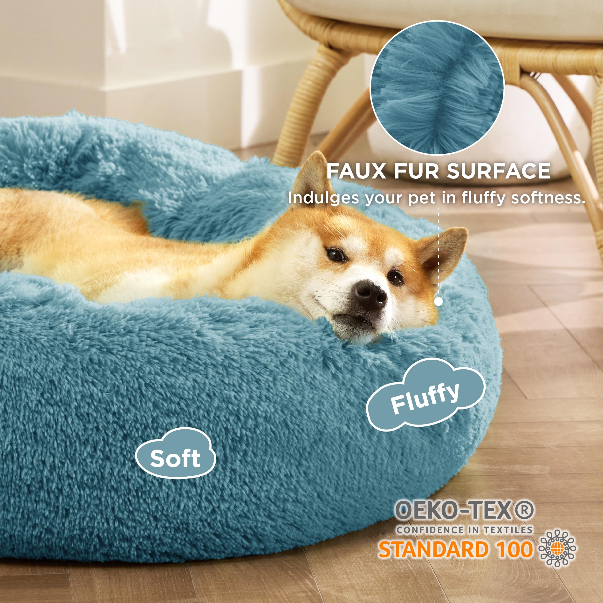 Close-up of Bedsure donut bed showing raised rim and plush interior.
