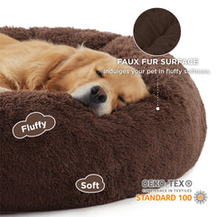 Bedsure Donut-style dog bed with soft plush faux fur in coffee.