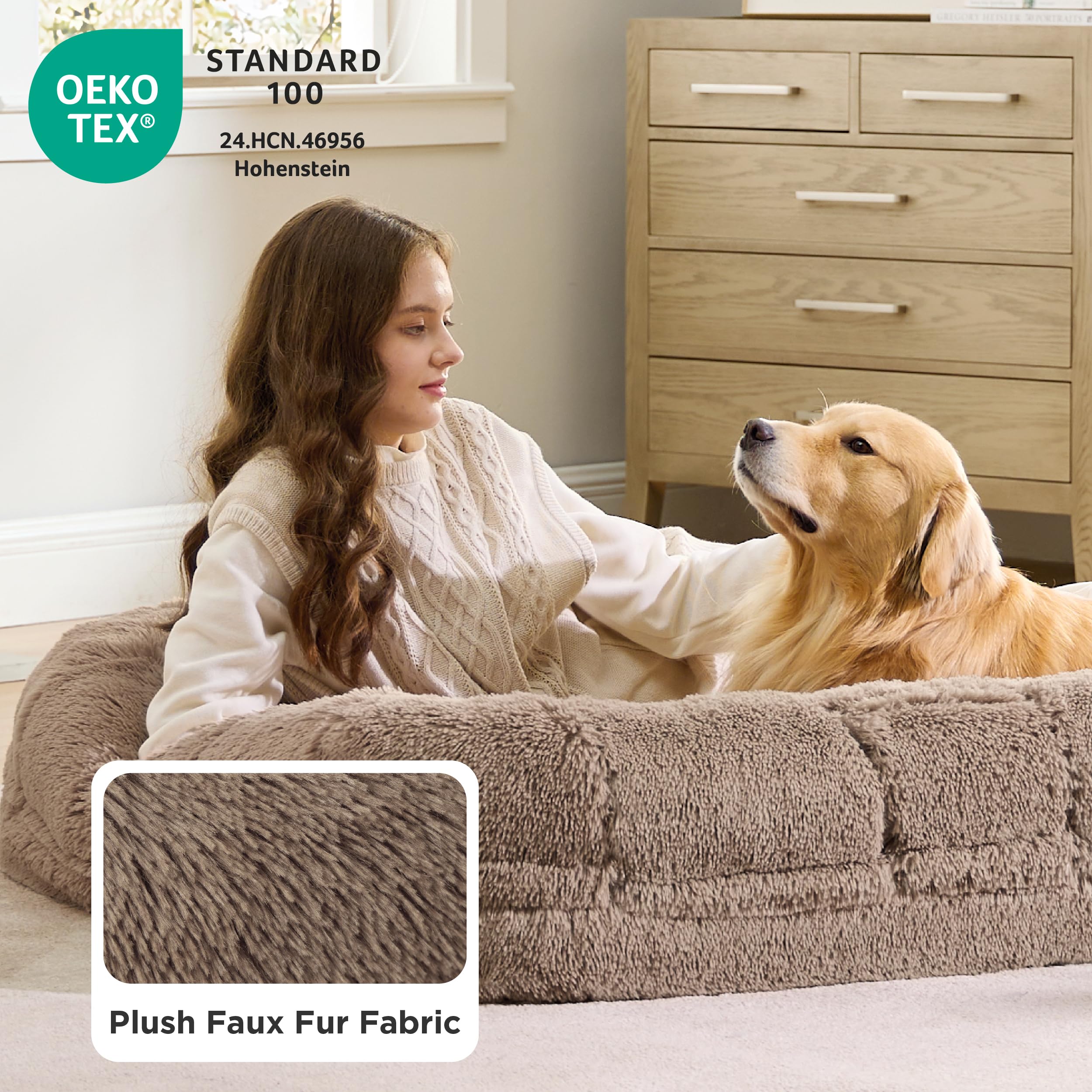 Bedsure fluffy faux fur layer conveying soft calming surface for cozy family relaxation.
