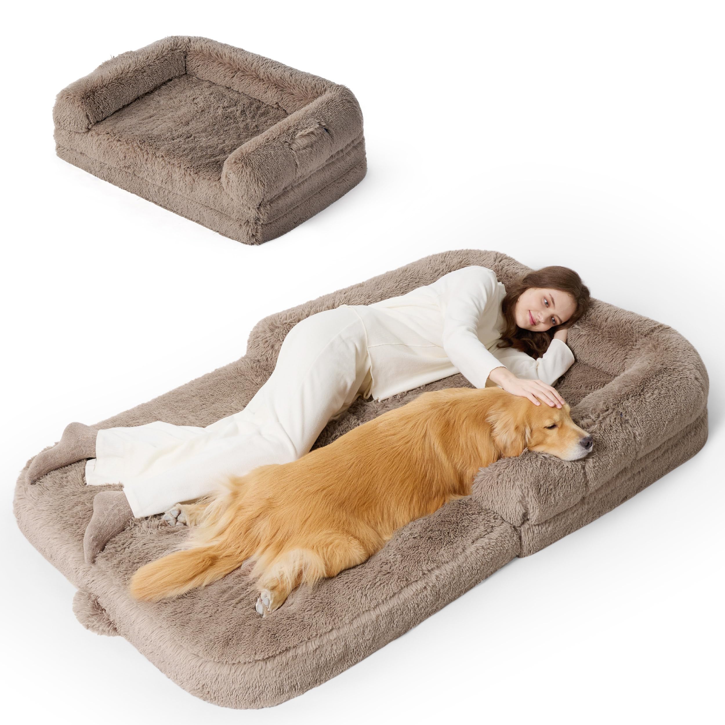 Bedsure foldable human dog bed giant size for lounging comfort and shared use.