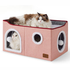 Bedsure large cat bed cube house pink fabric, ideal cozy hideaway for naps.