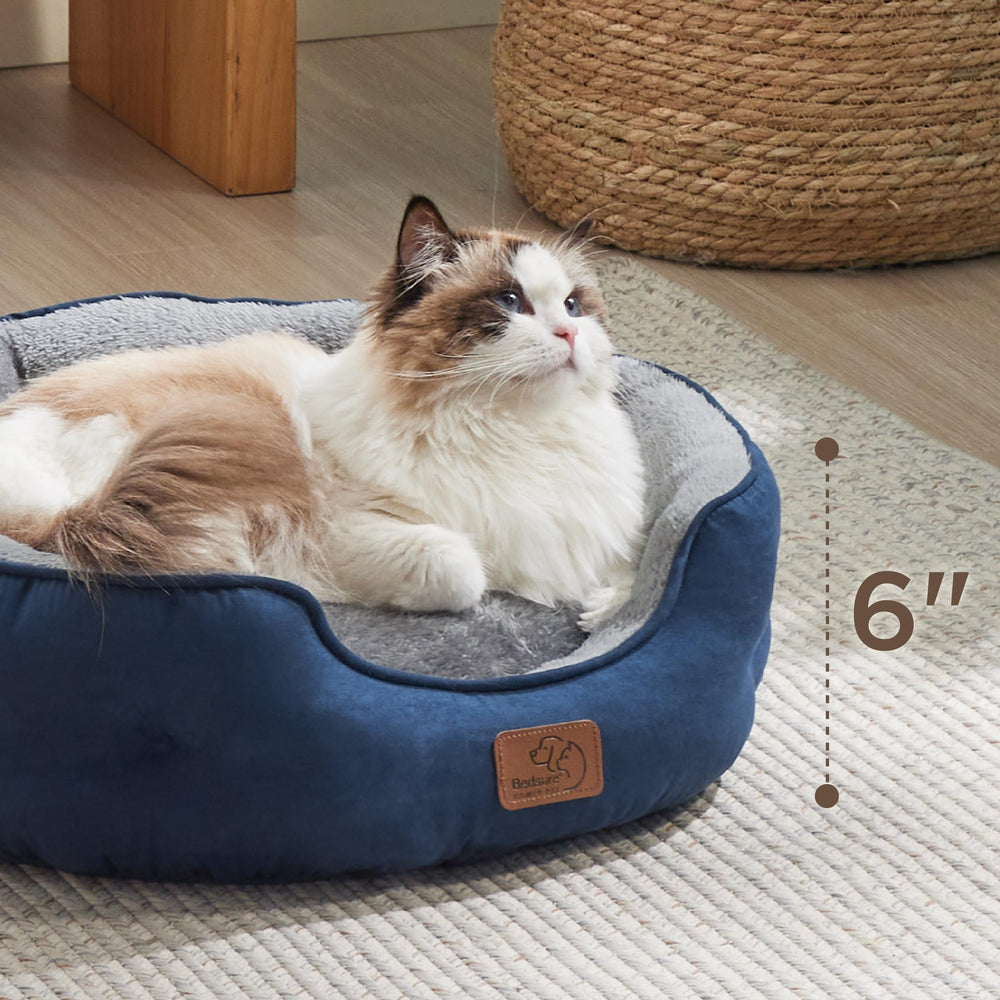 Bedsure machine-washable bed in navy, ready for easy cleanup.