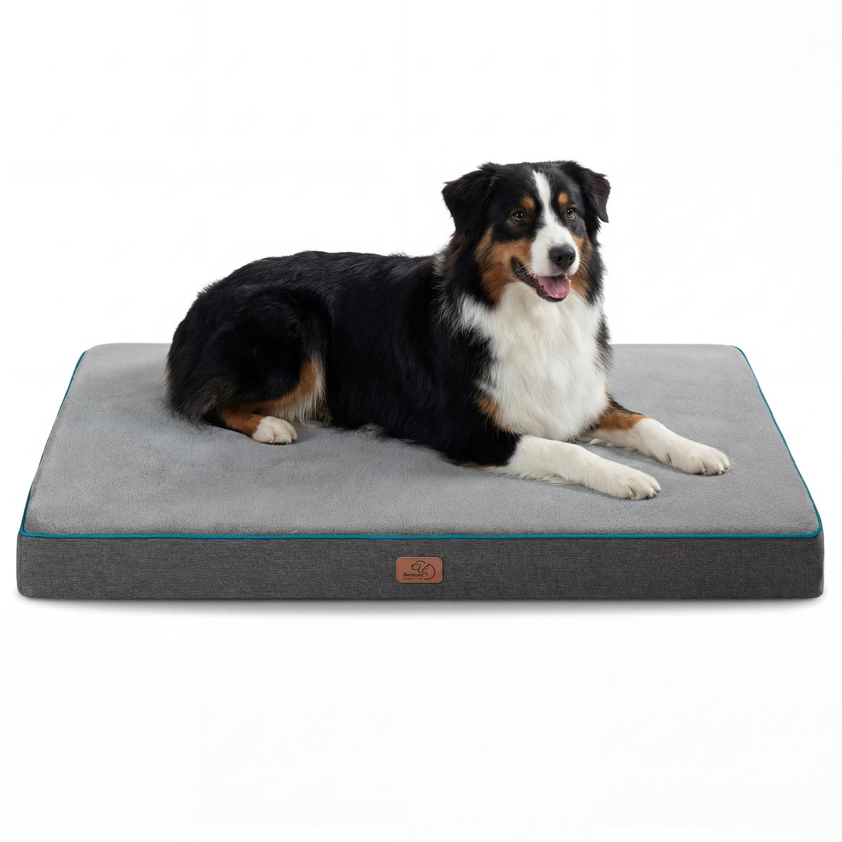 Bedsure memory foam dog crate bed with dual-layer foam for supportive rest.