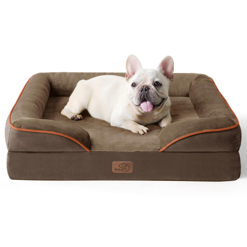 Bedsure orthopedic dog bed medium front view with bolster for secure lounging