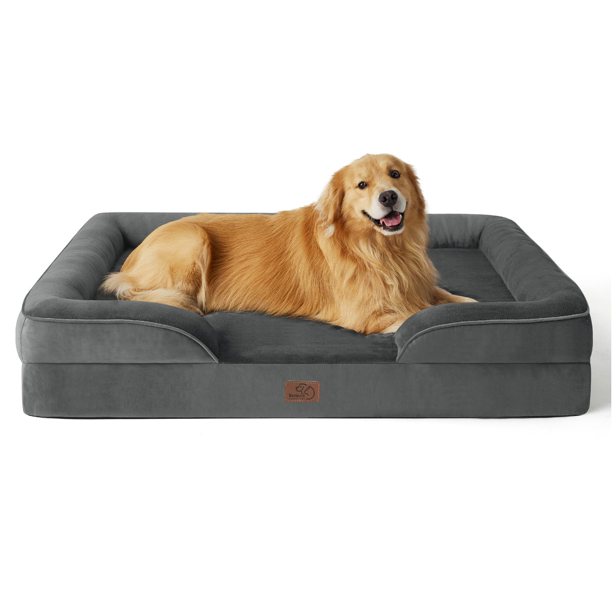 Bedsure Orthopedic Dog Bed XL Plus foam closeup highlighting supportive egg-crate foam for comfort.