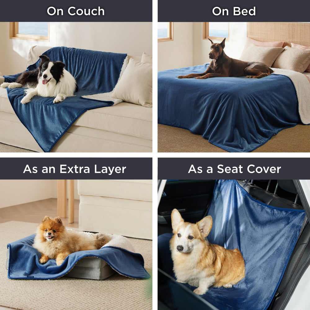 Bedsure portable blue blanket shown for travel use
