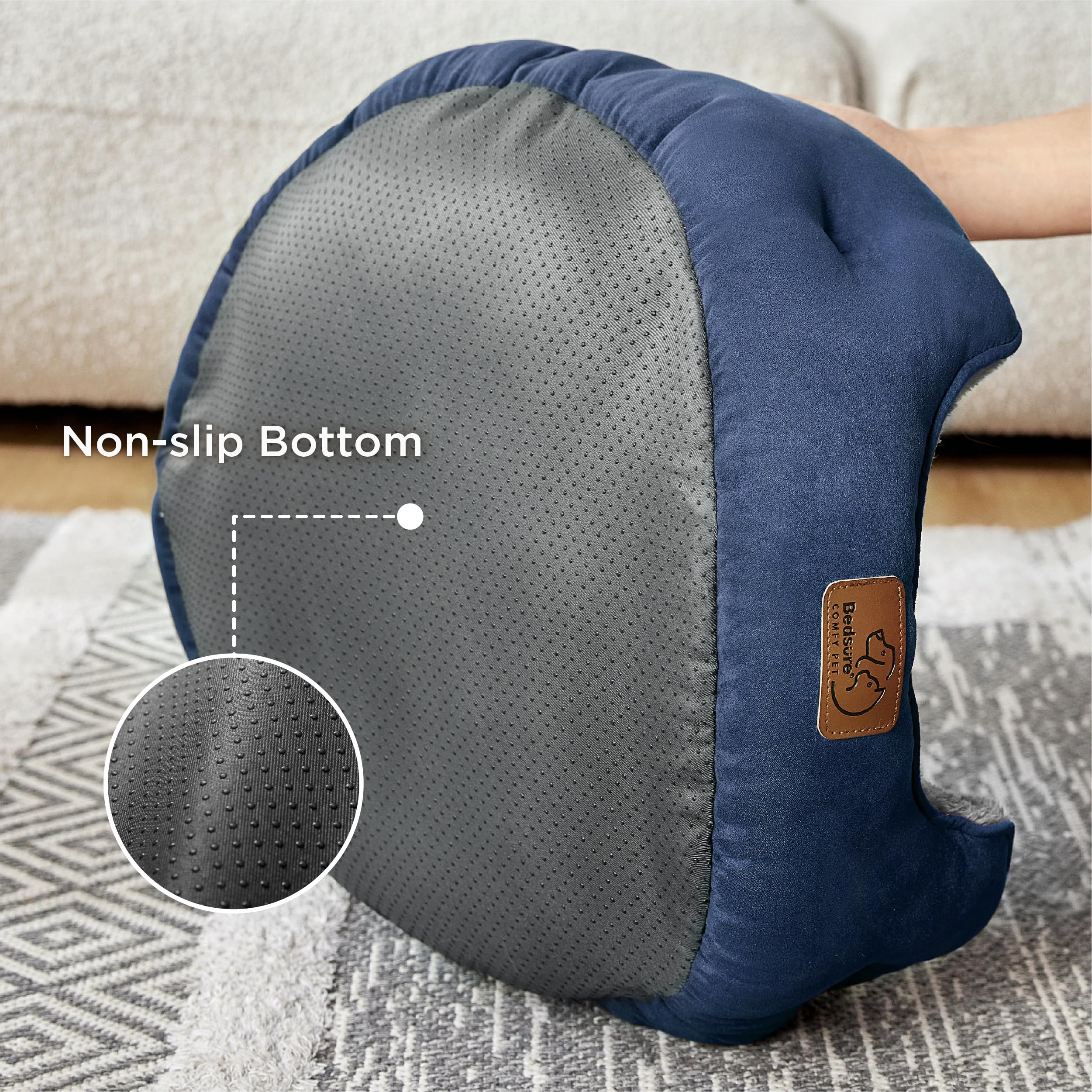 Bedsure round bed navy side bolster close-up highlights plush support for curling up