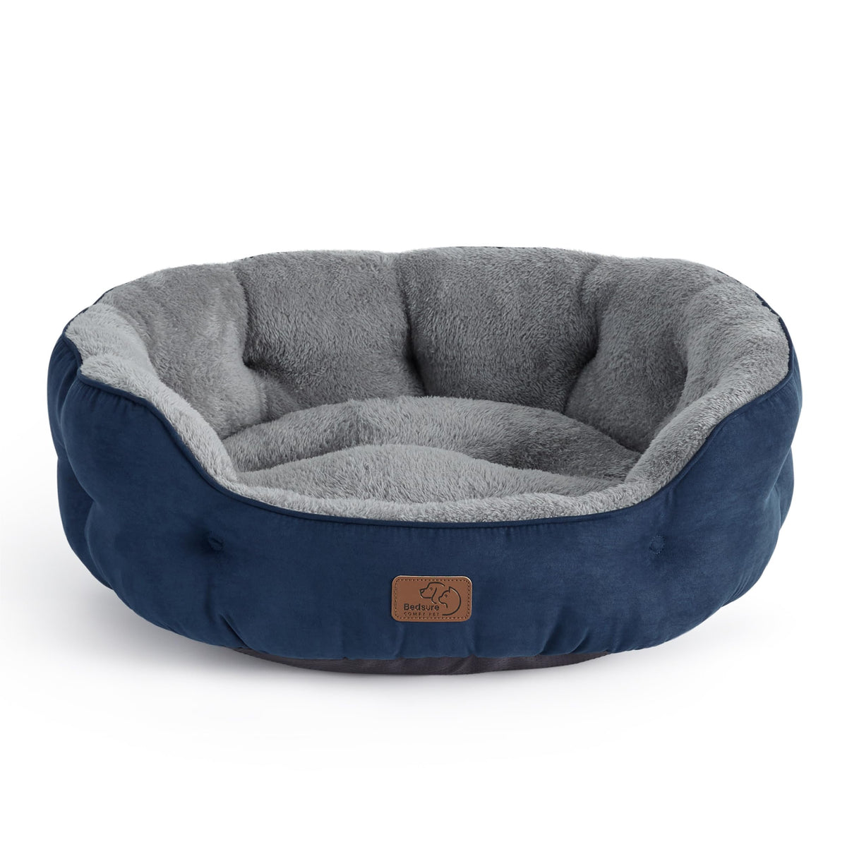 Bedsure round bed navy top view shows ample 25-inch space for small pets