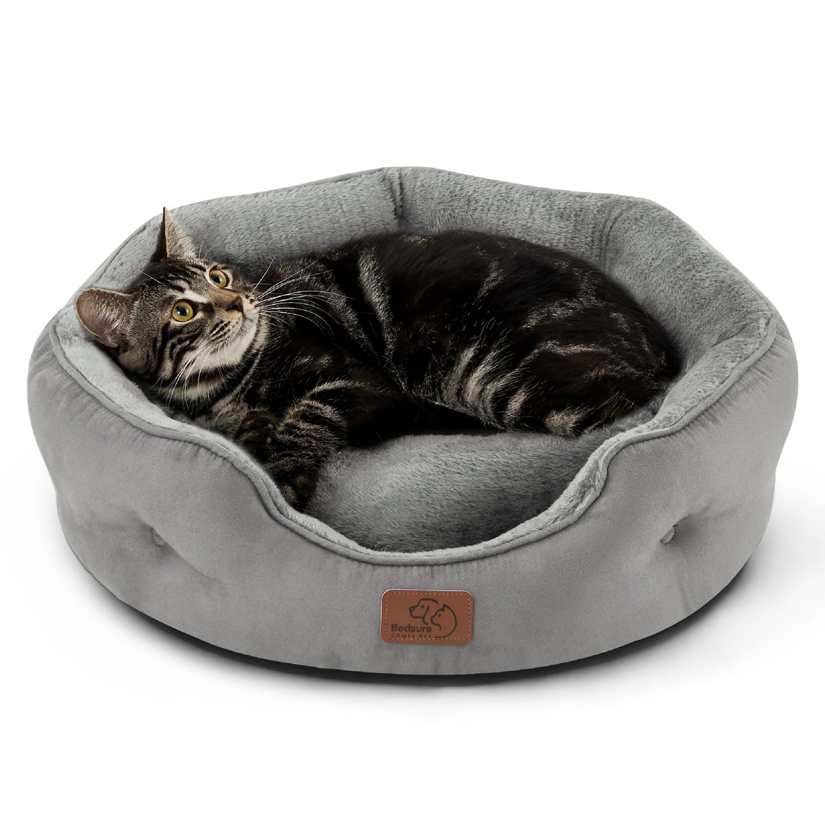 Bedsure round bolster dog bed grey for small dogs; secure, cozy rest.