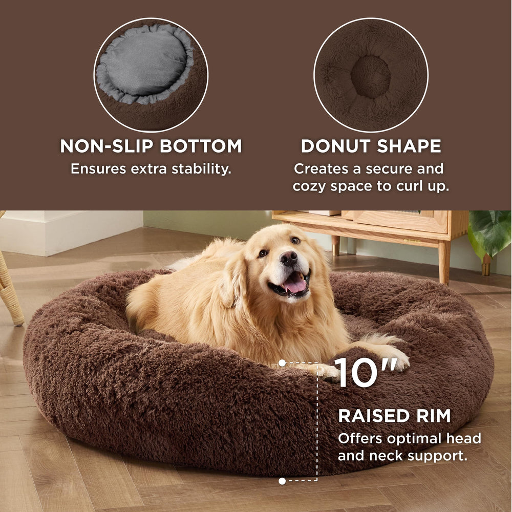 Bedsure Round dog bed with anti-slip base stays in place in coffee.