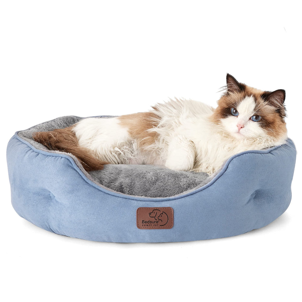 Bedsure round bed with bolster offers cozy support for small dogs.