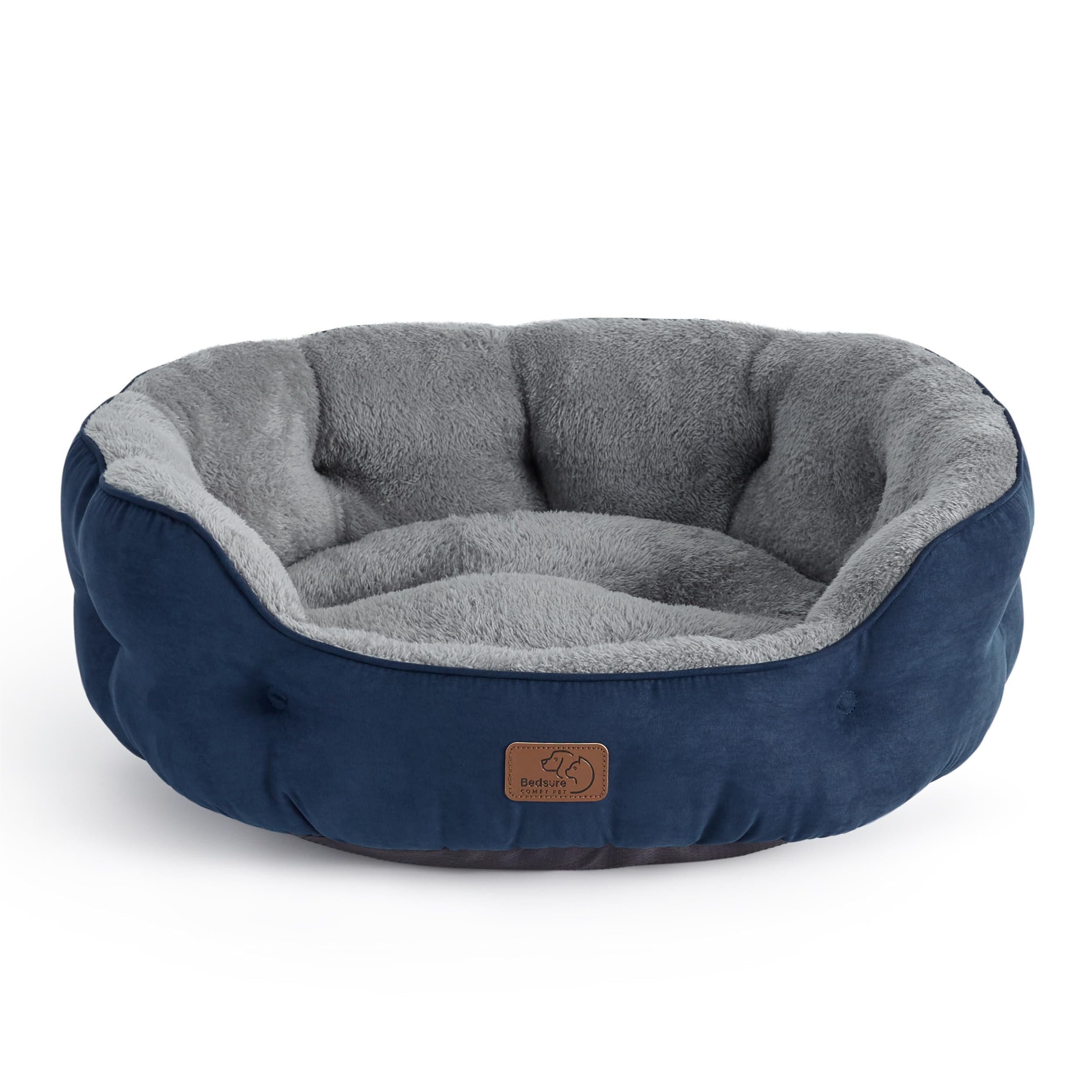 Bedsure navy round dog bed with plush sherpa surface for cozy naps.