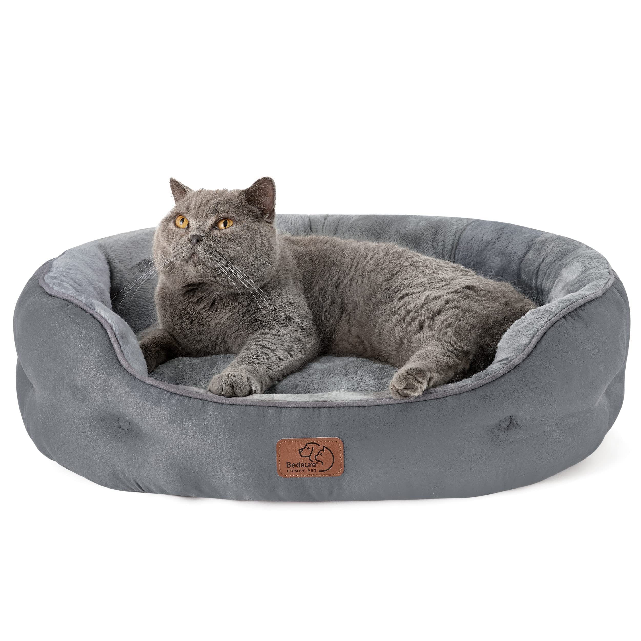 Bedsure round dog bed with soft sherpa for cozy lounging.
