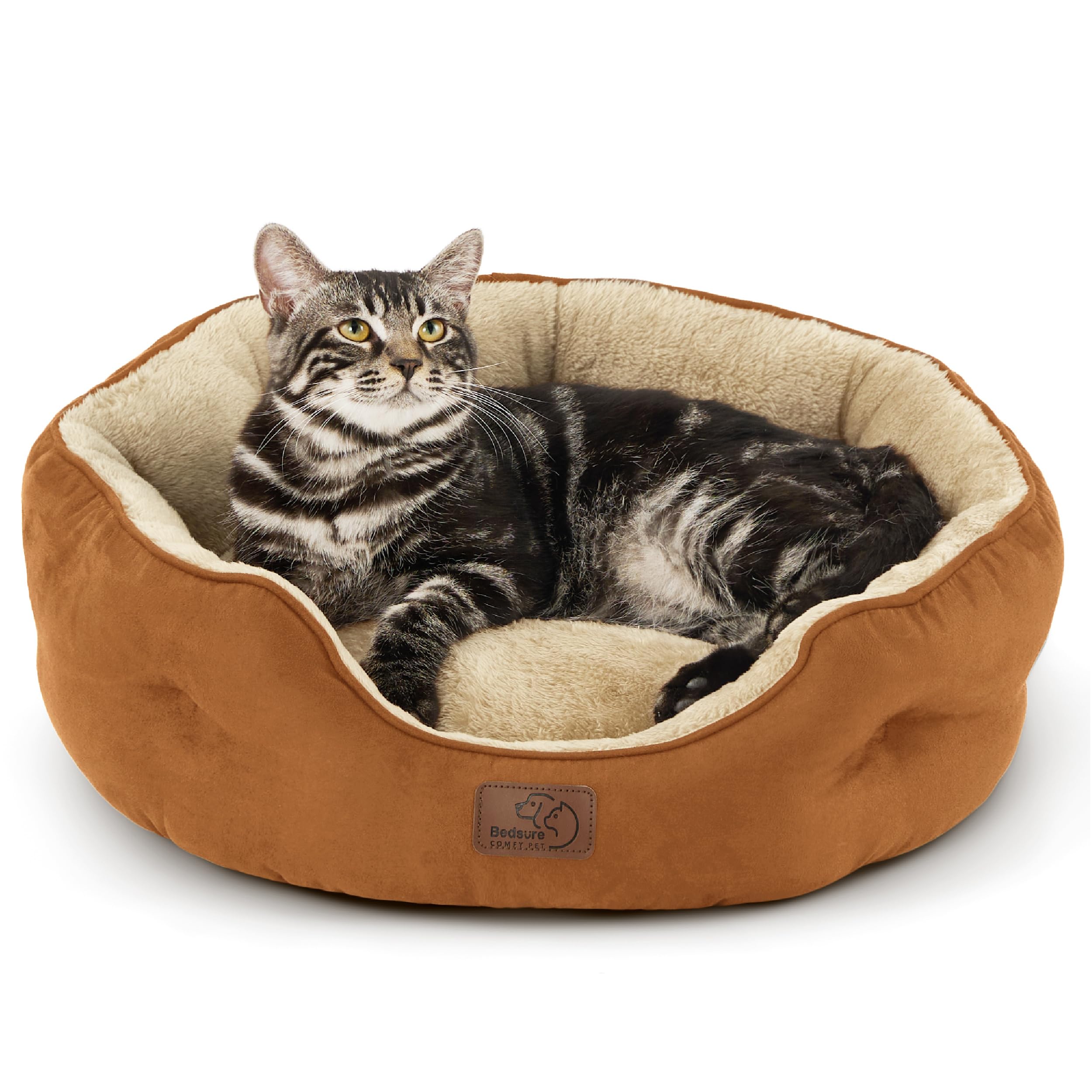 Bedsure round dog bed in terracotta offers cozy, compact lounging for small pets.