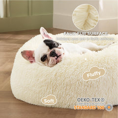 Bedsure round pet bed with non-slip base helps stay in place during naps.