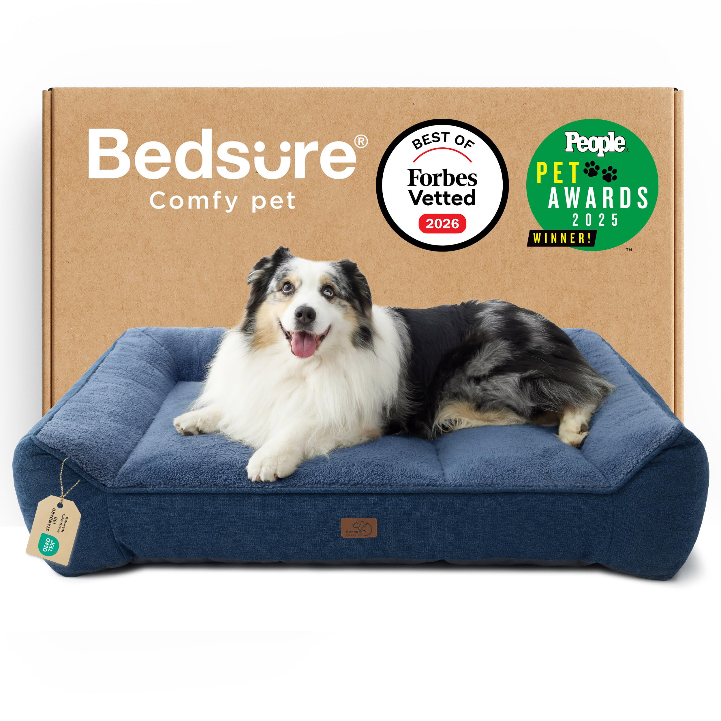 Bedsure SupportMax XL blue orthopedic bed cover close-up with foam support and non-slip bottom.
