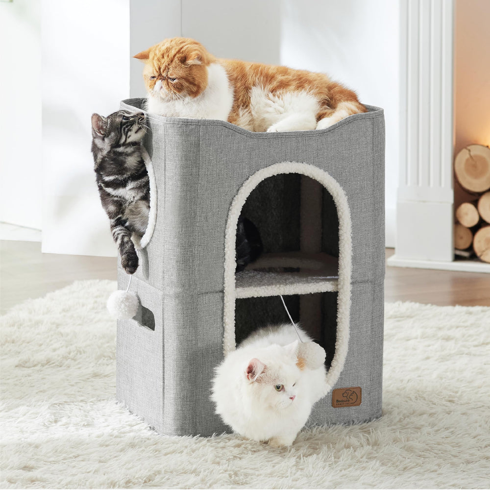 Bedsure Cat House dimensions 23x18x14 inches fit in living rooms and bedrooms.