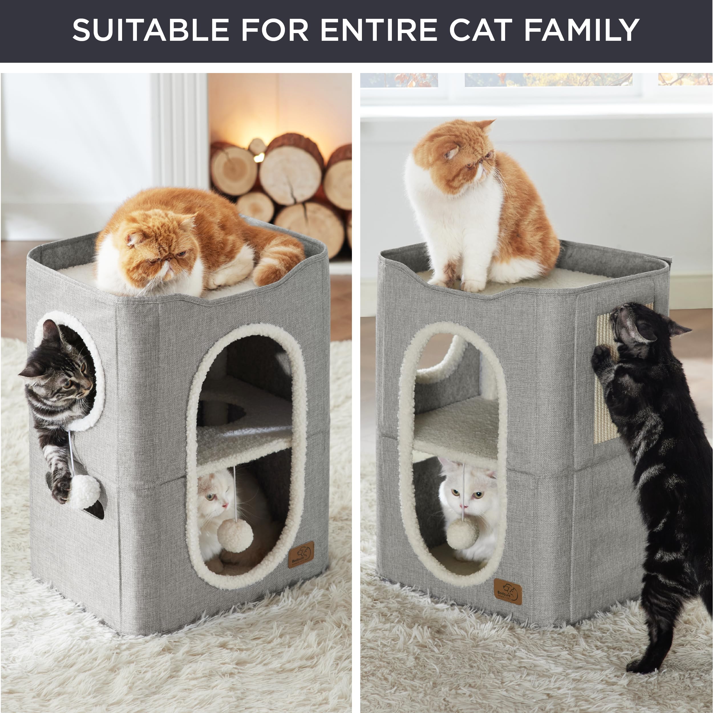 Bedsure Two-Story Cat House full-view shows the overall footprint in a compact space.
