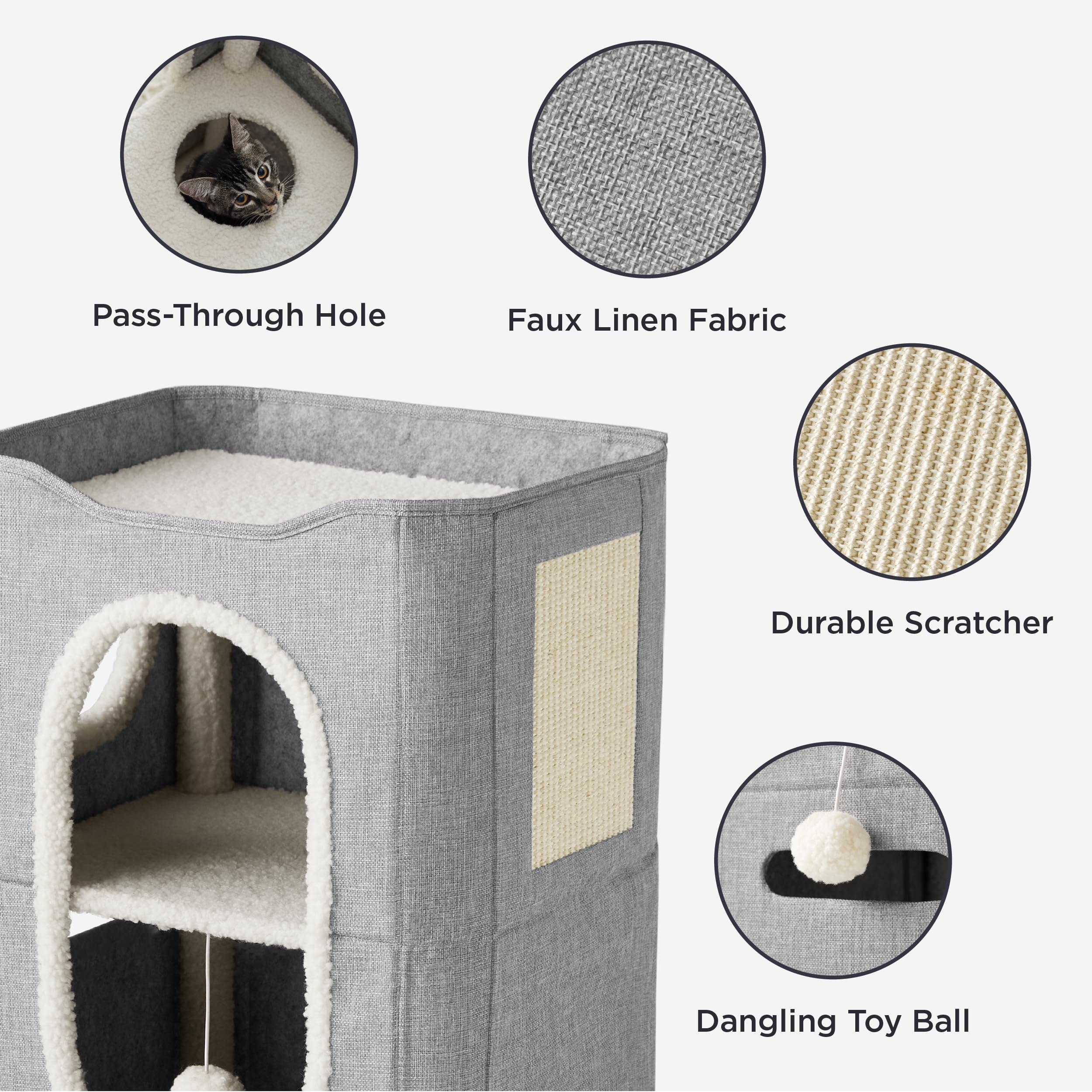 Bedsure Two-Story Cat House sisal scratch board supports playful scratching and exercise.
