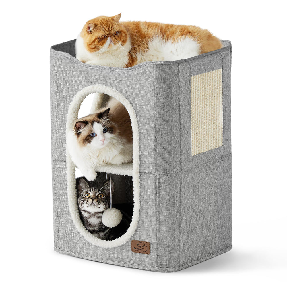 Bedsure Two-Story Cat House top perch provides a cozy lookout for indoor cats.