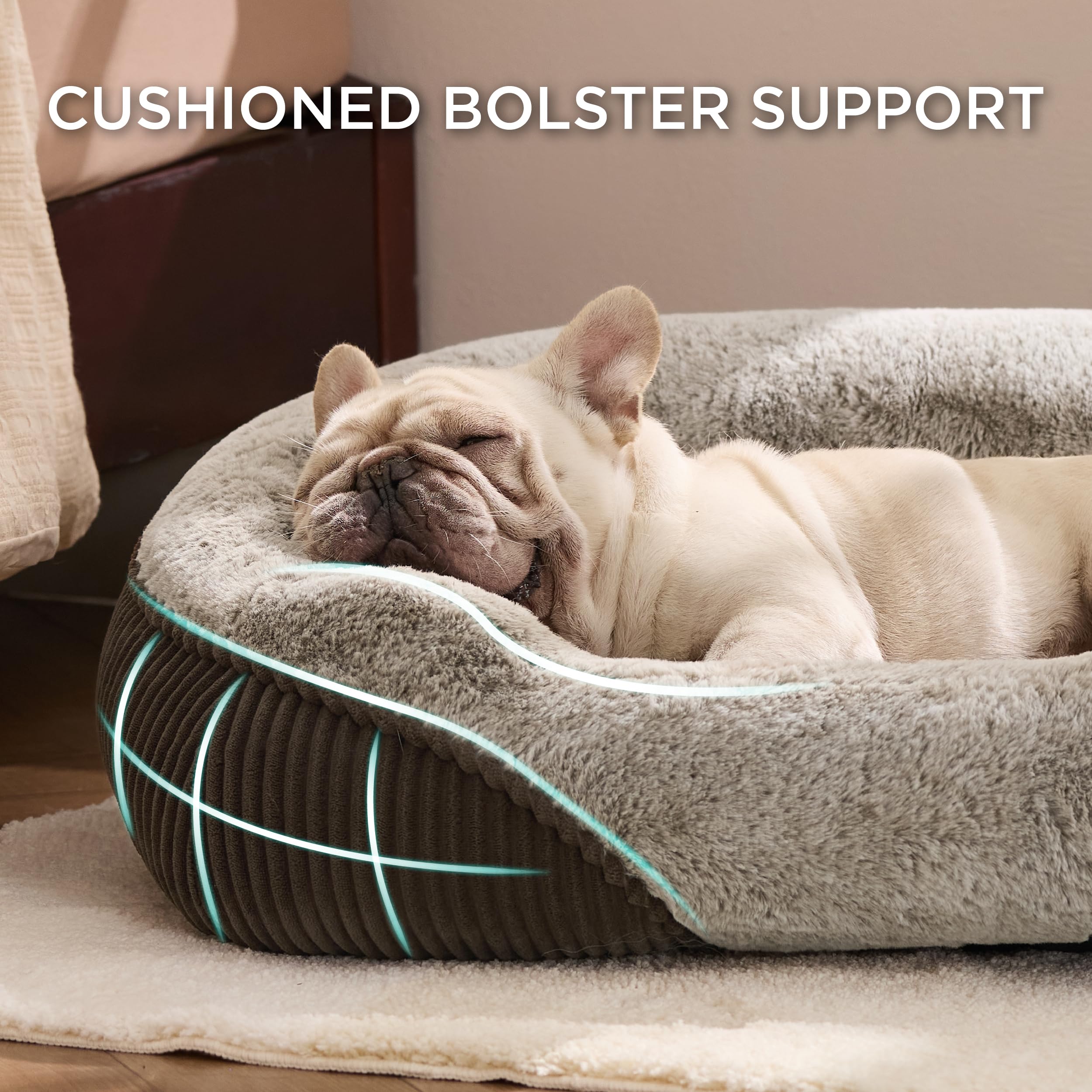 Bedsure rectangular dog bed silhouette on floor showing full-body support.