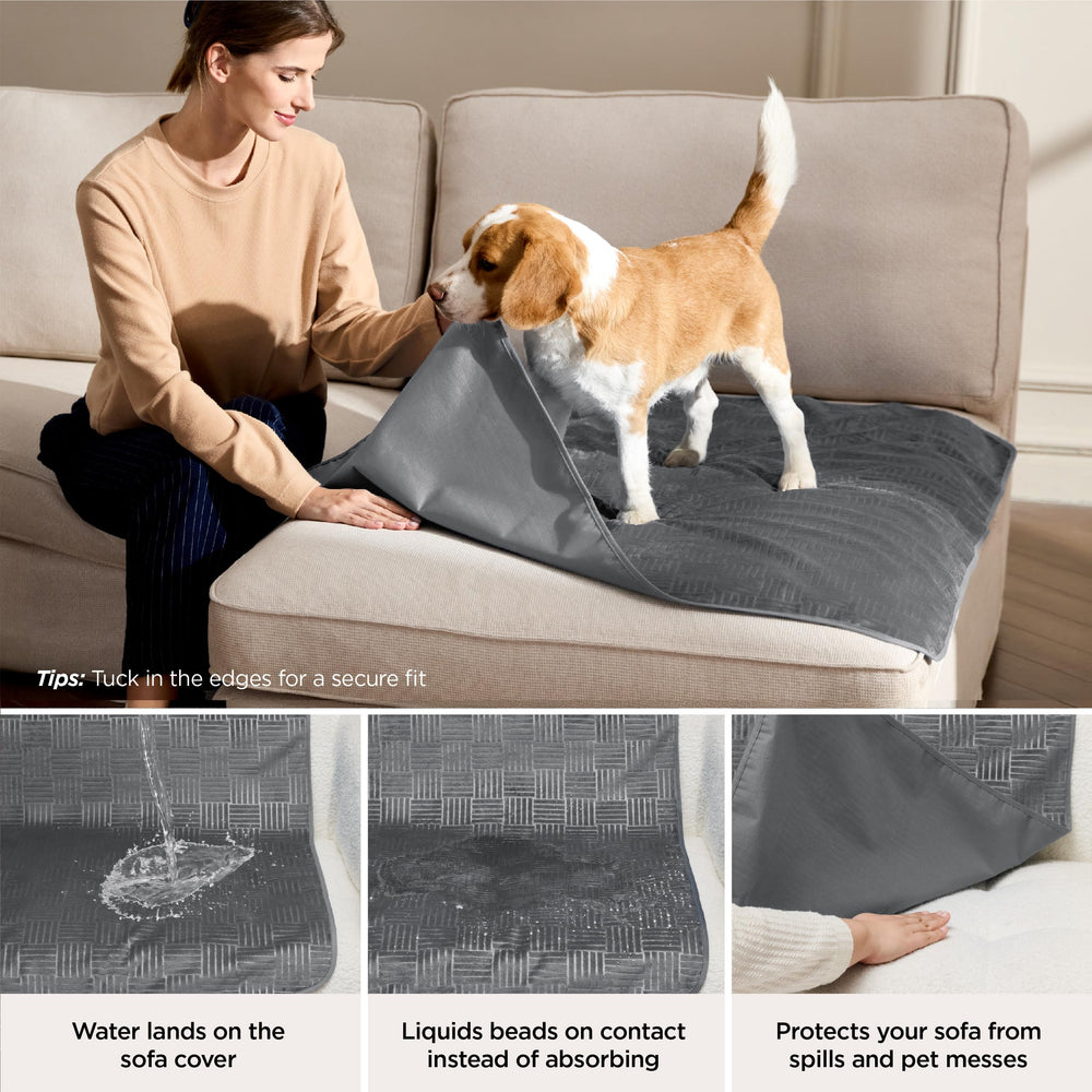 Bedsure waterproof bed cover protects Cal King bed from pet accidents.