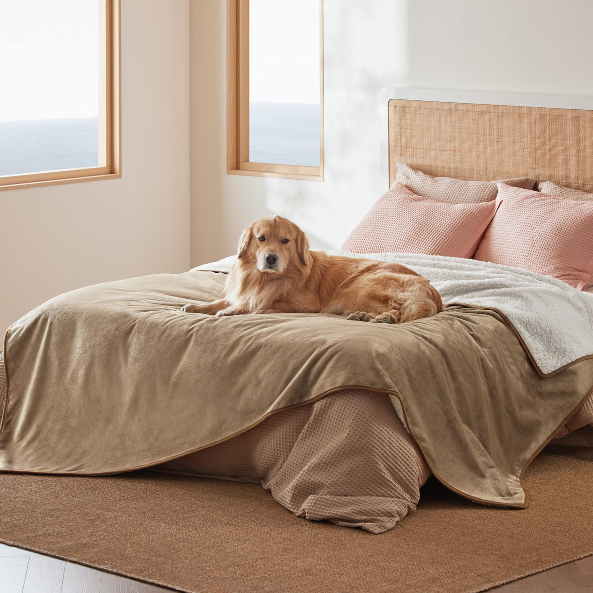 Bedsure waterproof blanket on camel bed protects against spills