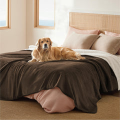 Bedsure waterproof blanket on bed, sherpa-side up, for warmth and protection.