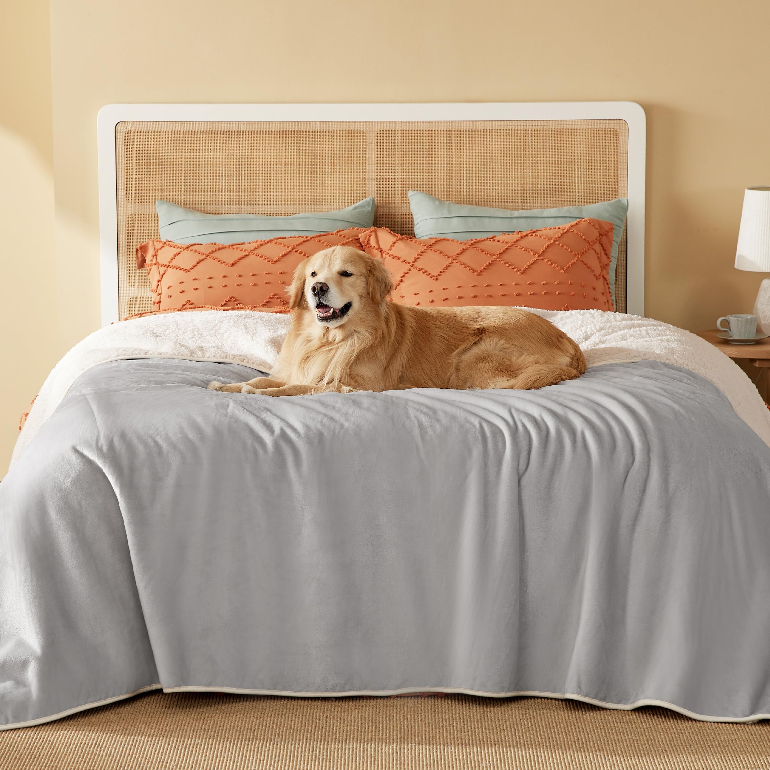Bedsure waterproof blanket with Sherpa side keeps large dogs cozy on the bed