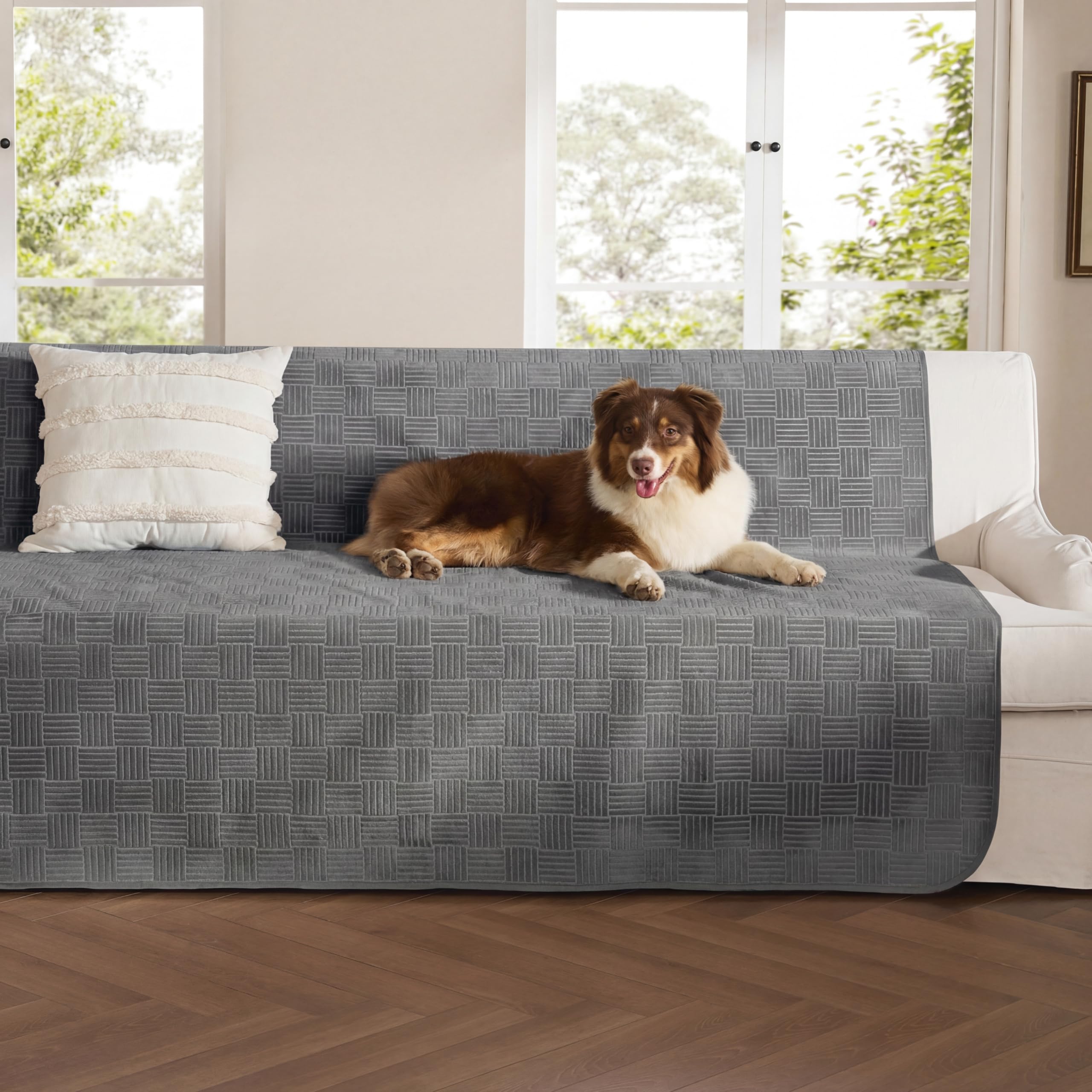 Bedsure waterproof couch cover on a sofa protects against spills.