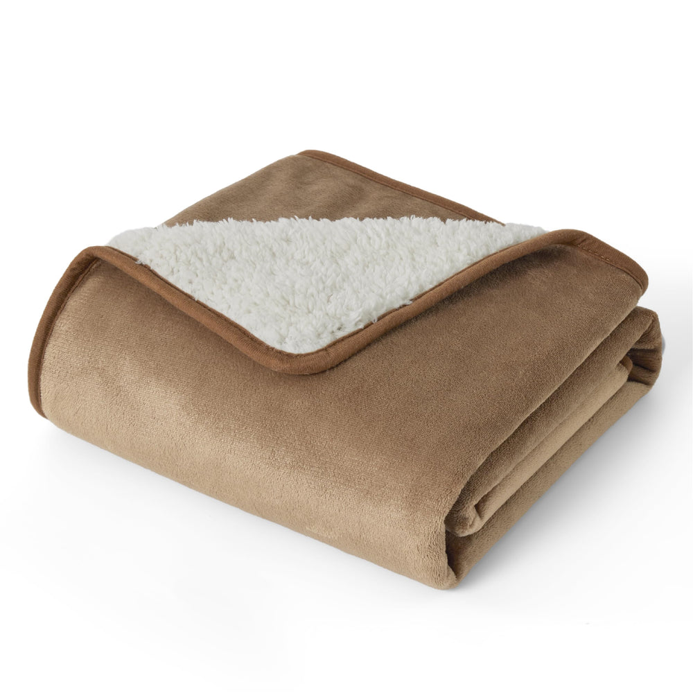 Bedsure waterproof dog blanket camel top view showing full coverage for couch protection.