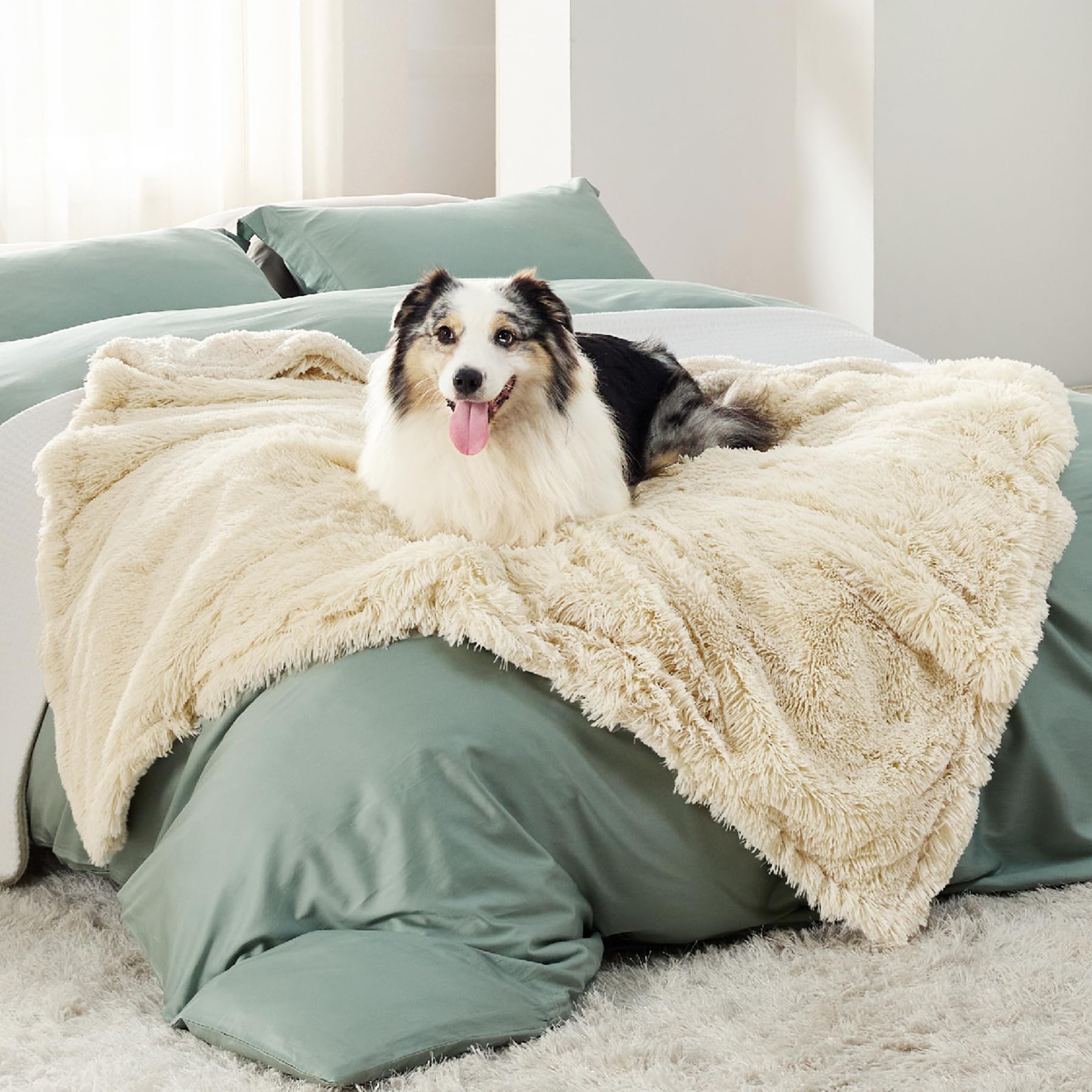 Bedsure waterproof dog blanket in cream with calming faux fur for cozy naps