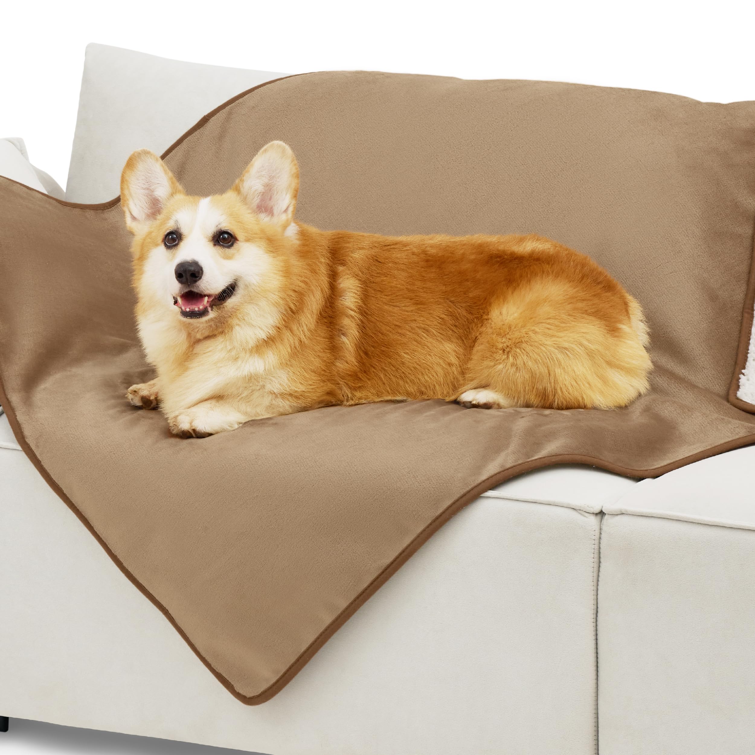 Bedsure waterproof dog blanket with sherpa side in camel for cozy warmth.