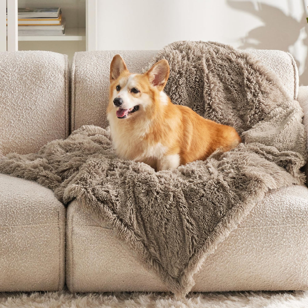 Bedsure waterproof dog blanket with sherpa side offers calming comfort for pets during relaxation.