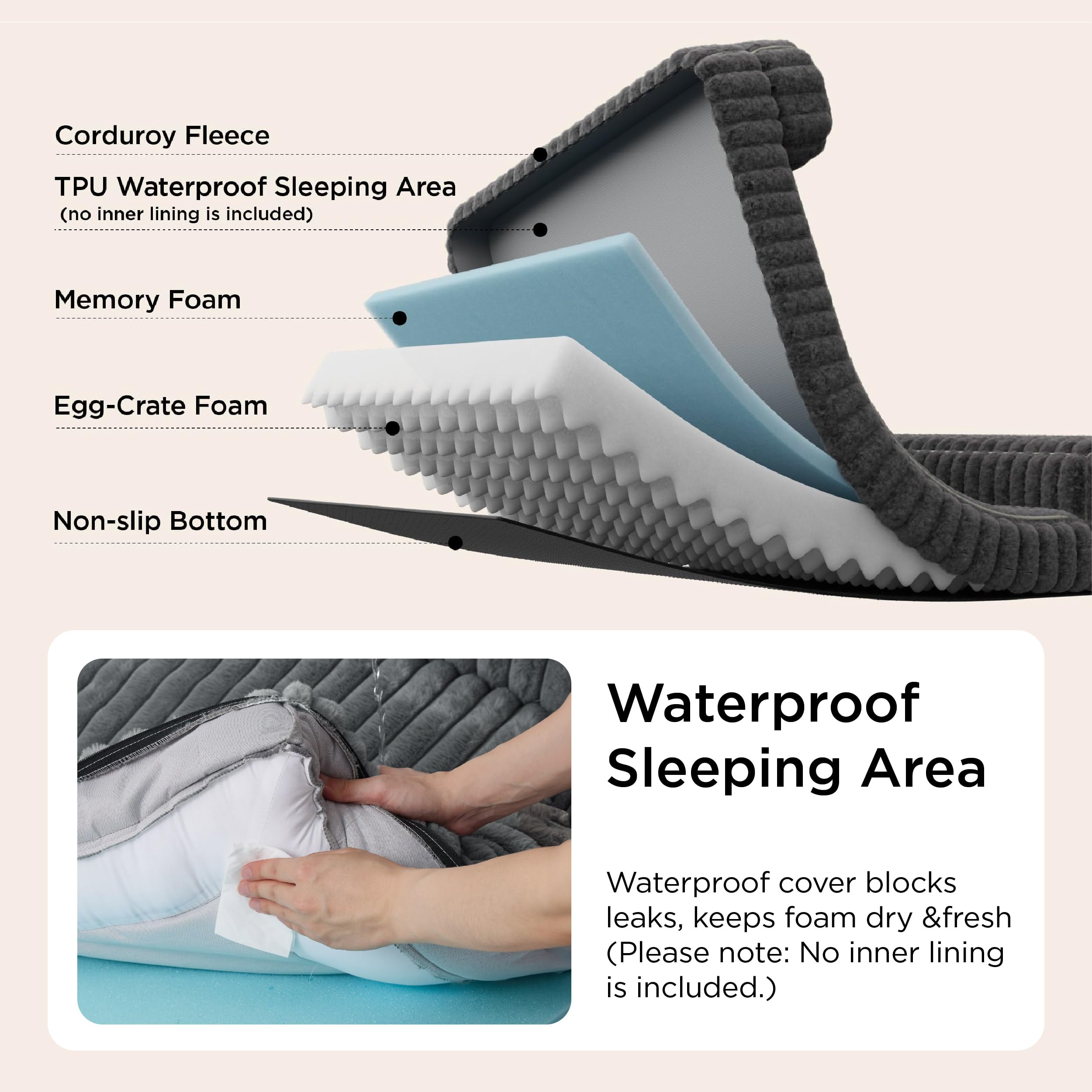 Bedsure waterproof inner lining cream bed protects against spills and accidents.