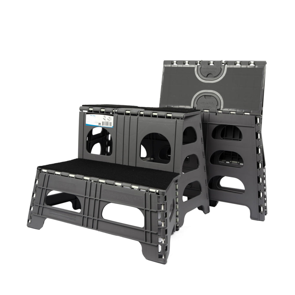 Bee Neat 2-step folding dog stairs for indoor and outdoor use with versatile access.
