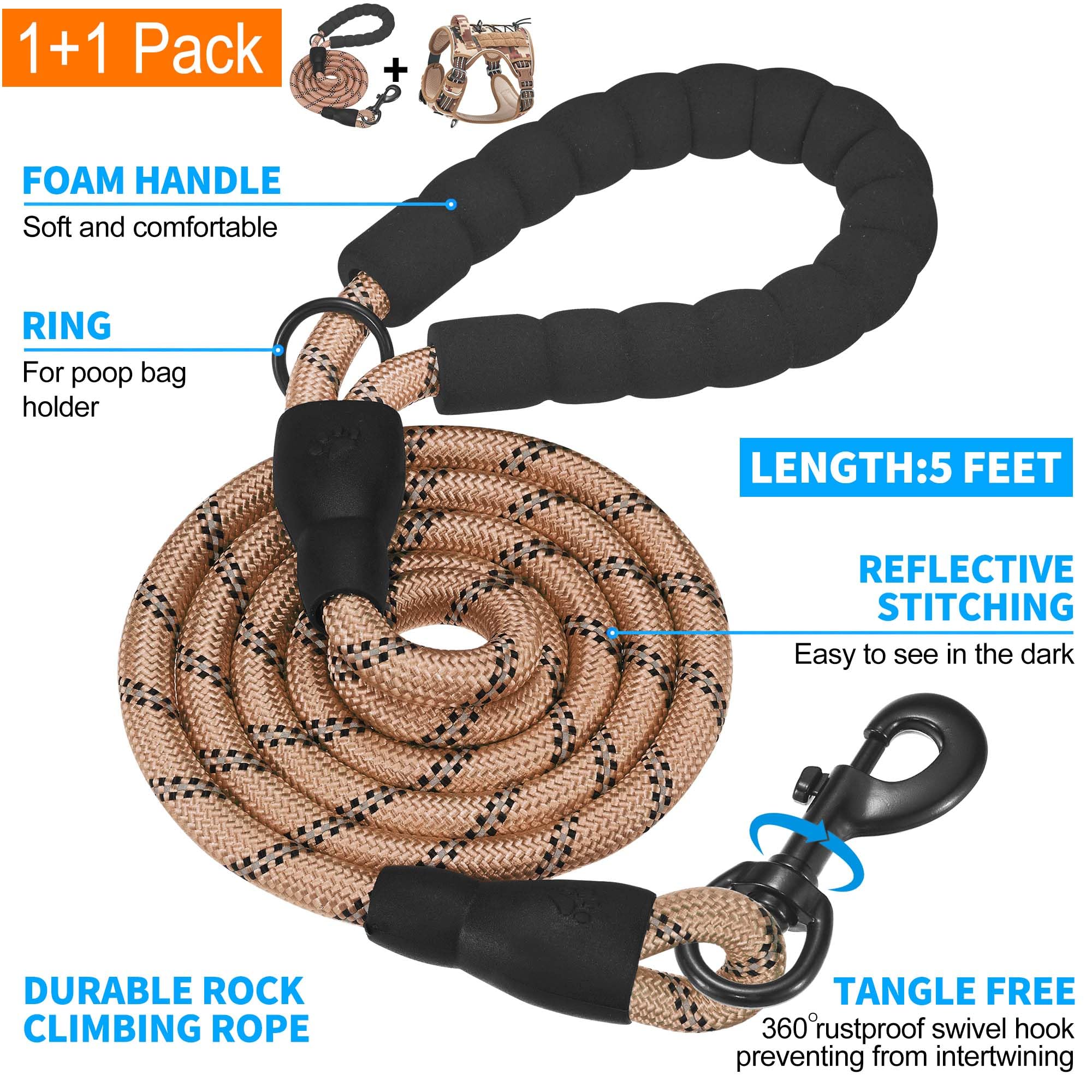 Beebiepet free 5 ft leash with foam handle for control and comfort