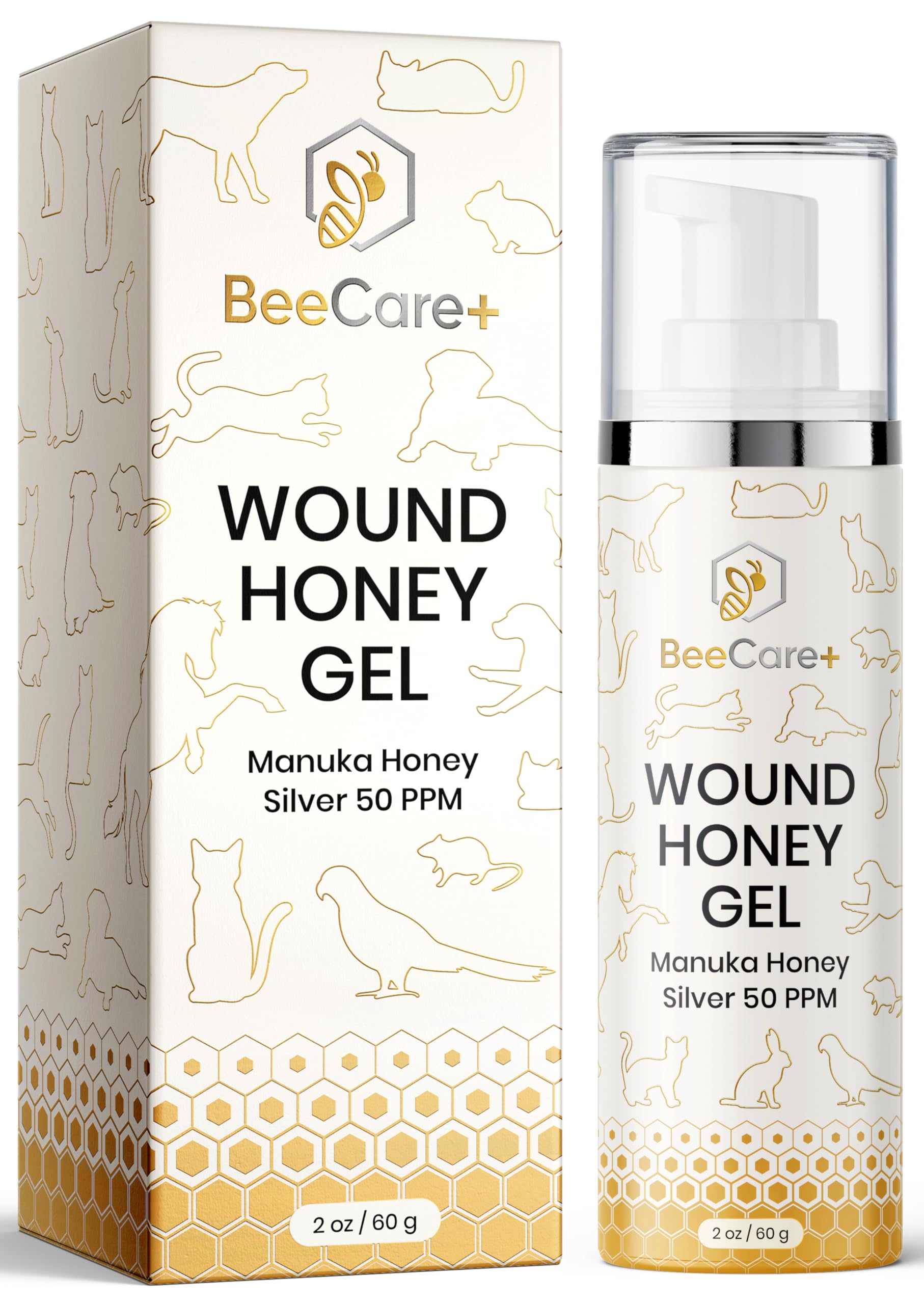 BeeCare+ Manuka Honey Wound Gel bottle showing 2 oz packaging for pet wound care