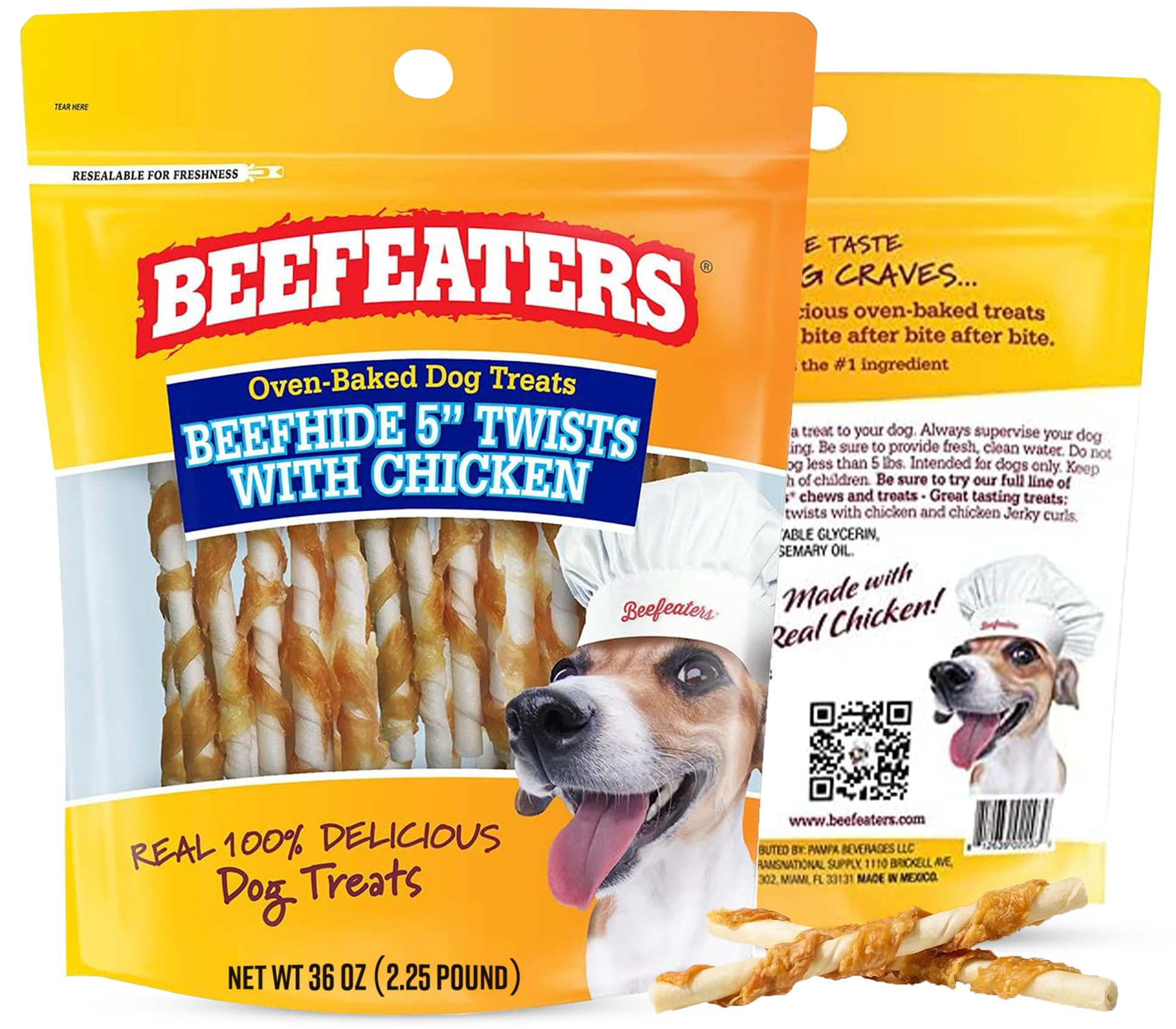 Beefeaters Beefhide 5in Twist Chicken wrapped image shows a durable training chew.