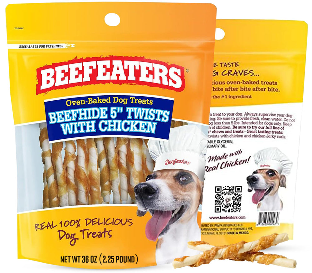 Beefeaters Beefhide 5in Twist Chicken wrapped image shows a durable training chew.