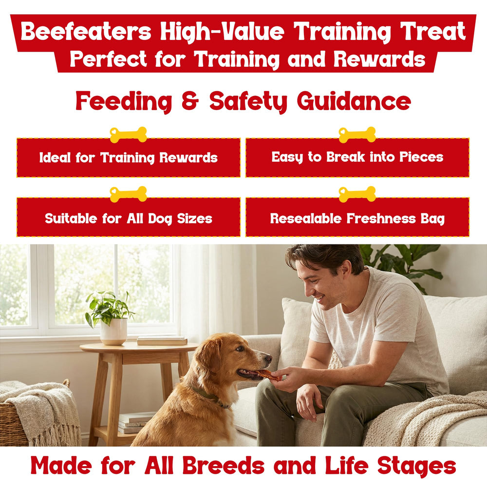 Beefeaters Chicken Jerky Strips being used as a training reward.