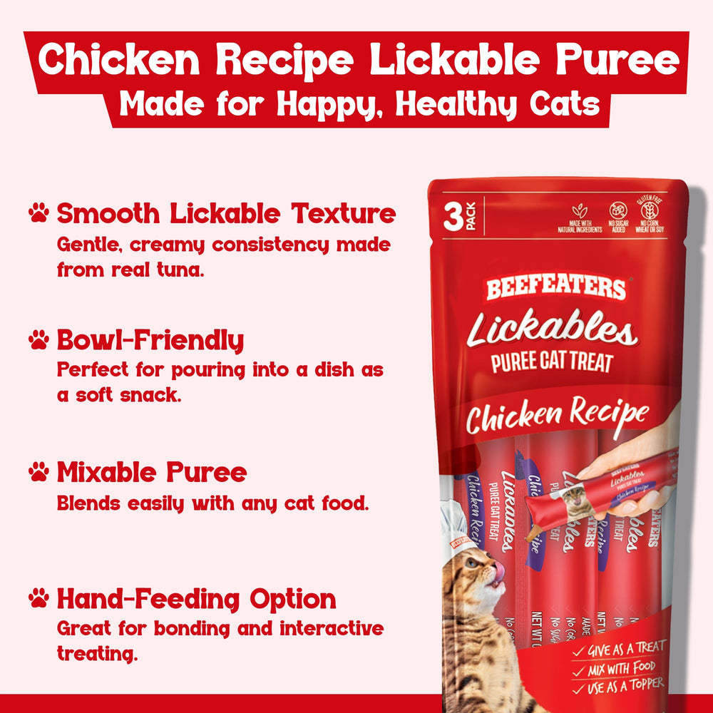Beefeaters Chicken Lickable Puree taurine-enriched formula supports overall wellness.