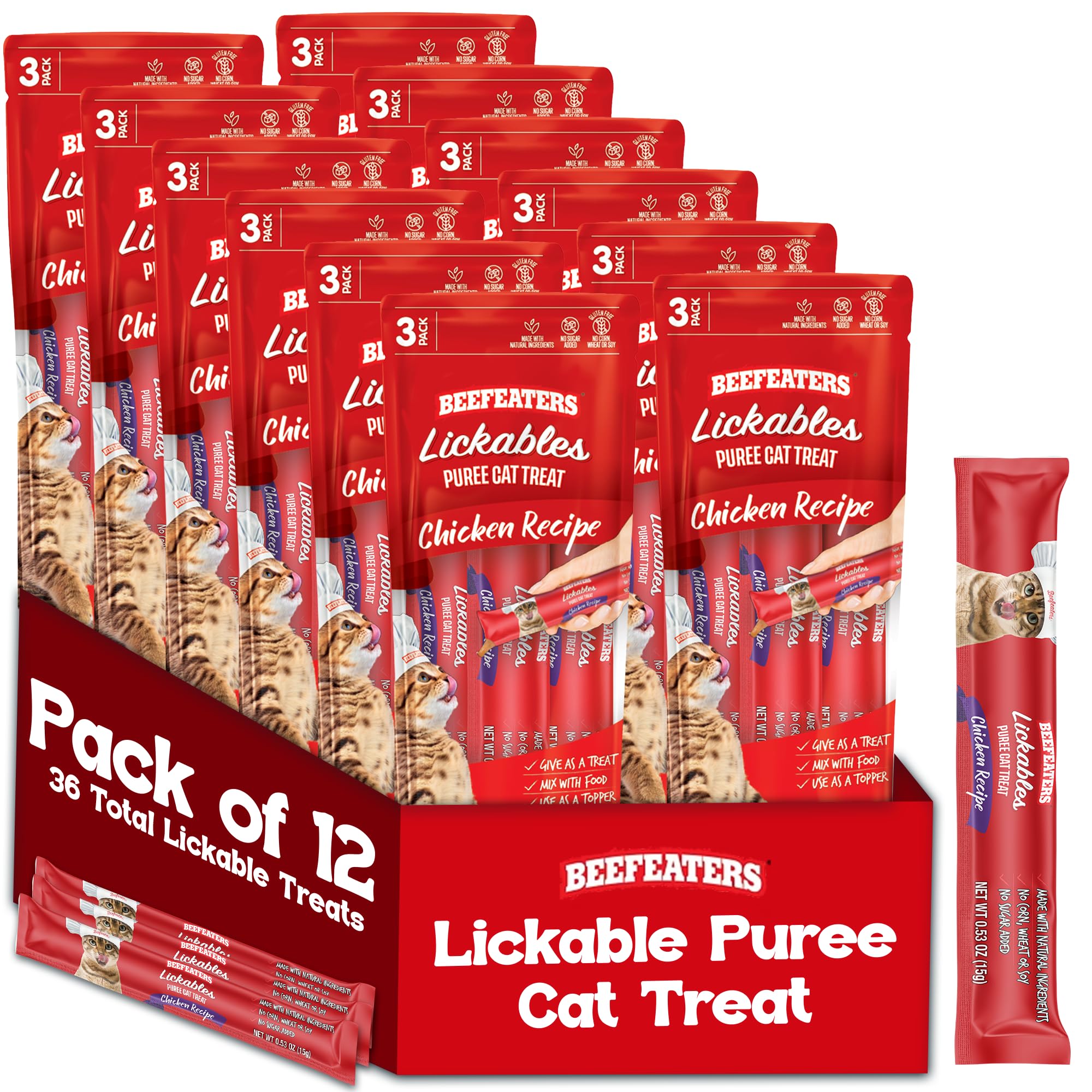 Beefeaters Chicken Lickable Puree tube close-up, silky texture ideal for bonding during hand-feeding.