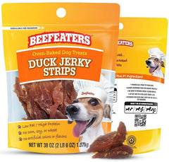 Beefeaters Duck Jerky Strips bag with dog treats, ideal for training rewards.