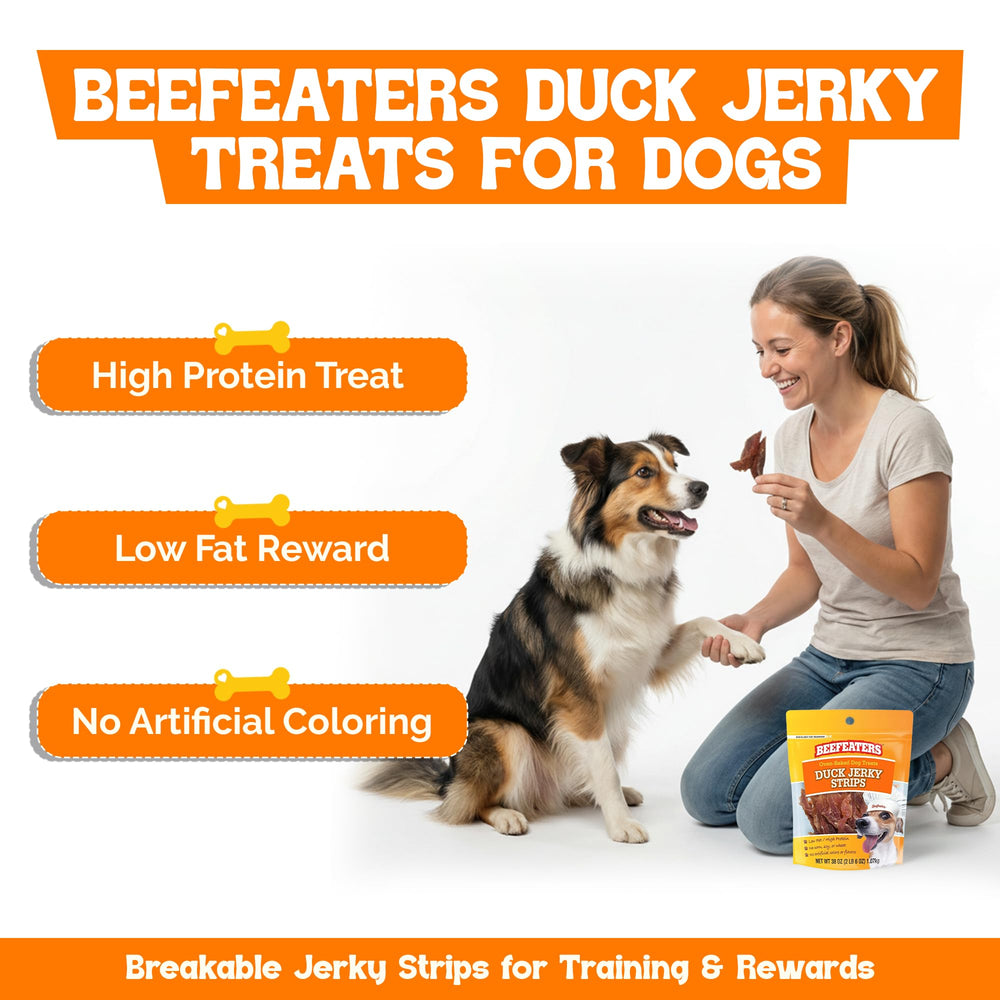 Beefeaters Duck Jerky Strips slices, chewy rewards dogs love during training.